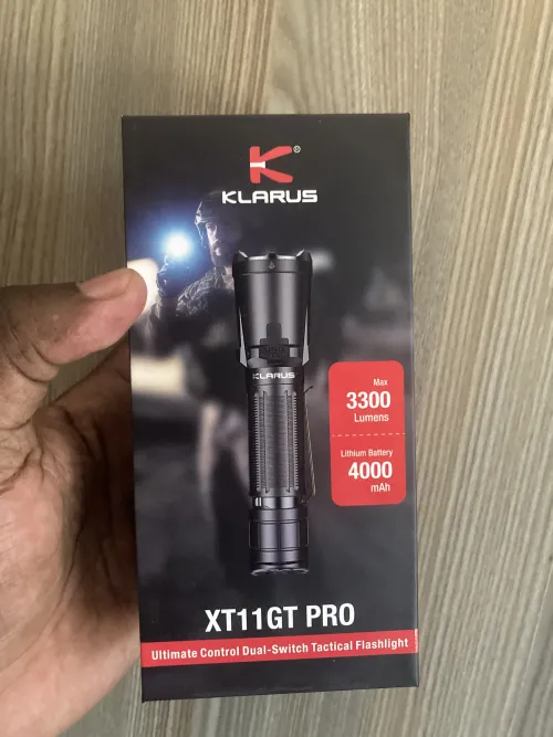 Klarus XT11GT PRO Tactical Flashlight 3300 Lumens, 410m Beam, Dual Turbo and Strobe Tail Switches, USB-C Rechargeable, IPX8 Waterproof actual product photo.