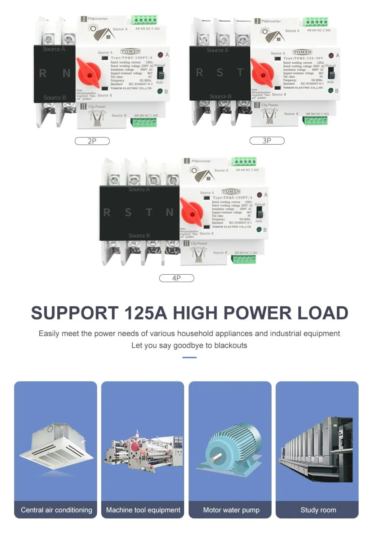 TOMZN 63/100A Automatic ATS, Solar/Generator Transfer Switch, 220V