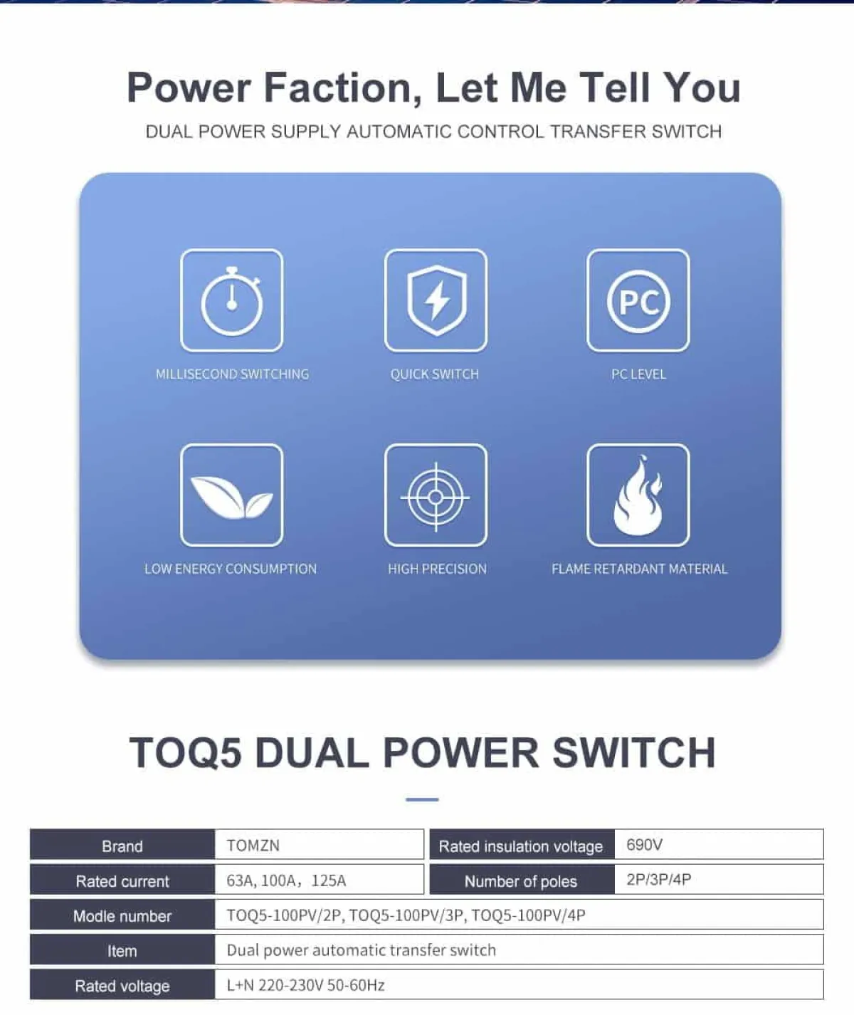 TOMZN 63/100A Automatic ATS, Solar/Generator Transfer Switch, 220V