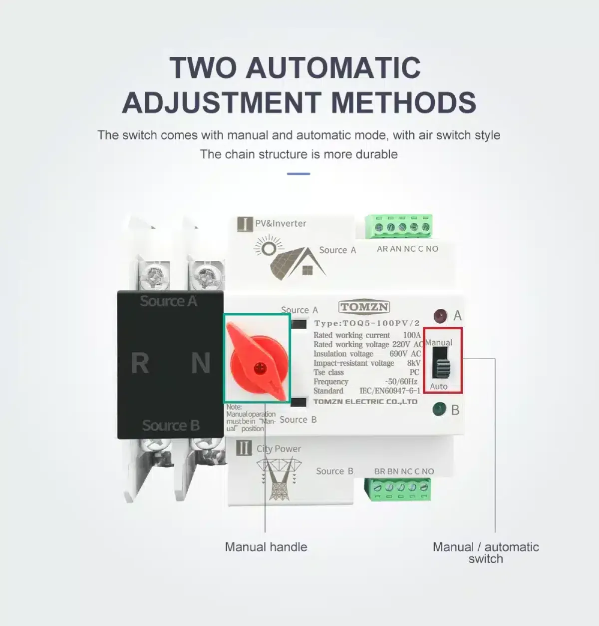 TOMZN 63/100A Automatic ATS, Solar/Generator Transfer Switch, 220V