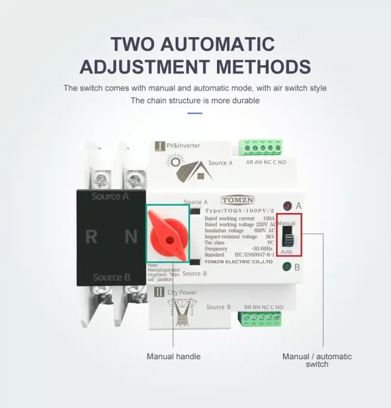 TOMZN 63/100A Automatic ATS | Solar/Generator Transfer Switch - 220V, UPS Concept | Seamless Power Backup for Homes &