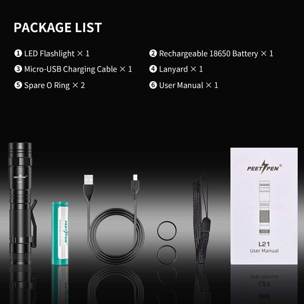 PEETPEN L21 Rechargeable USB Flashlight | 300m Beam, 1200 Lumens, Osram P8 LED, IPX6 Waterproof, Aluminium Alloy | 1