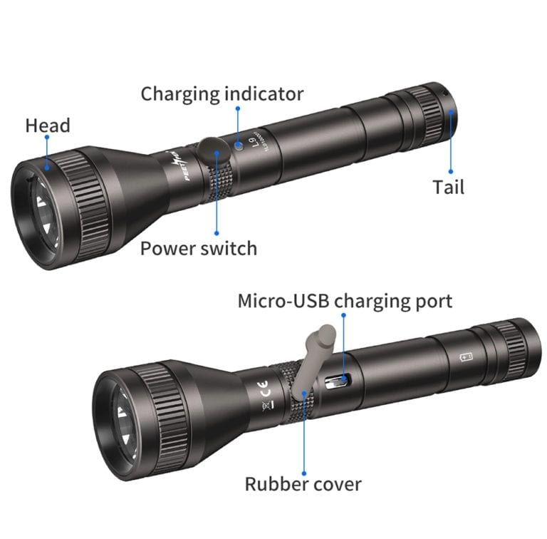 PEETPEN L9 Flashlight | 500lm Osram LED, 120m Beam, USB Rechargeable | Pocket Torch for Camping, Hiking, Emergency,