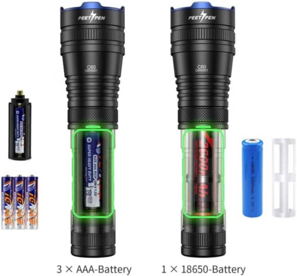 PEETPEN C60 LED flashlight illuminating campsite at night, 1000 lumens for outdoor adventures in Kenya.