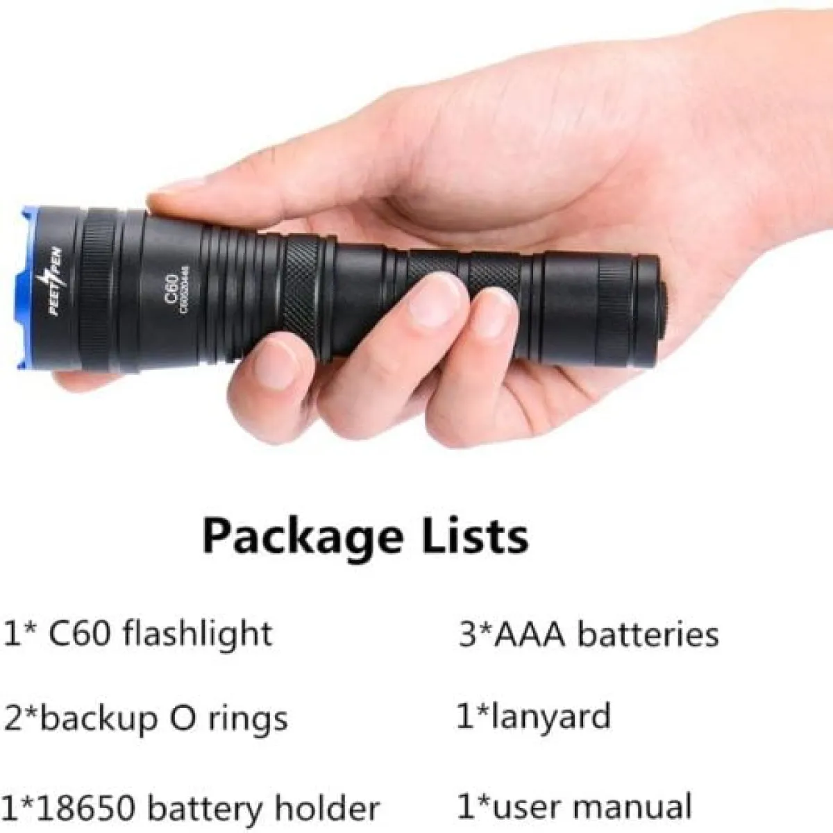 PEETPEN C60 LED Zoomable Flashlight | 0.26km Beam, 1000 Lumens, IPX6 Waterproof | Aluminum Alloy for Camping, Rescue in