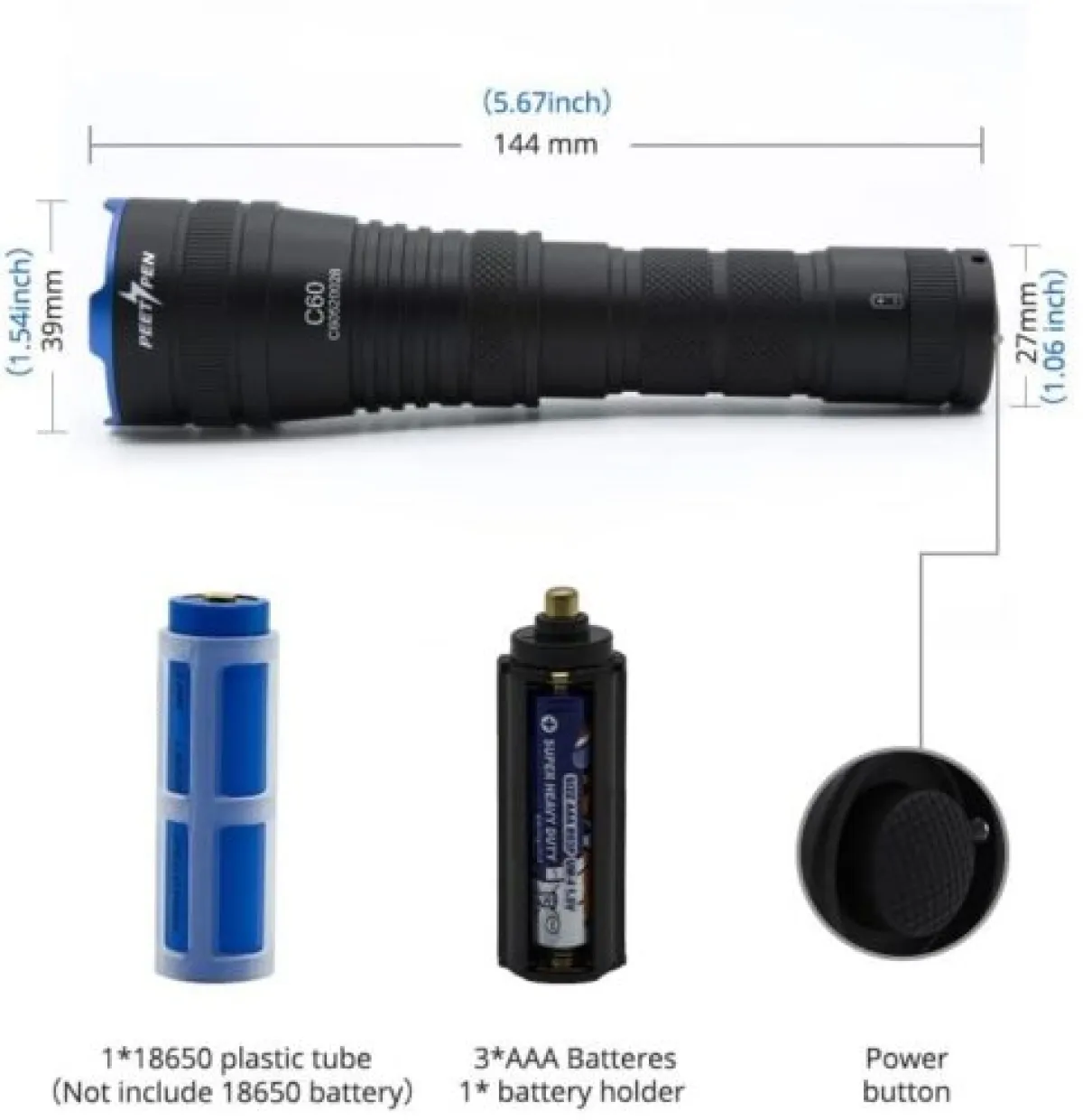 PEETPEN C60 LED Zoomable Flashlight | 0.26km Beam, 1000 Lumens, IPX6 Waterproof | Aluminum Alloy for Camping, Rescue in