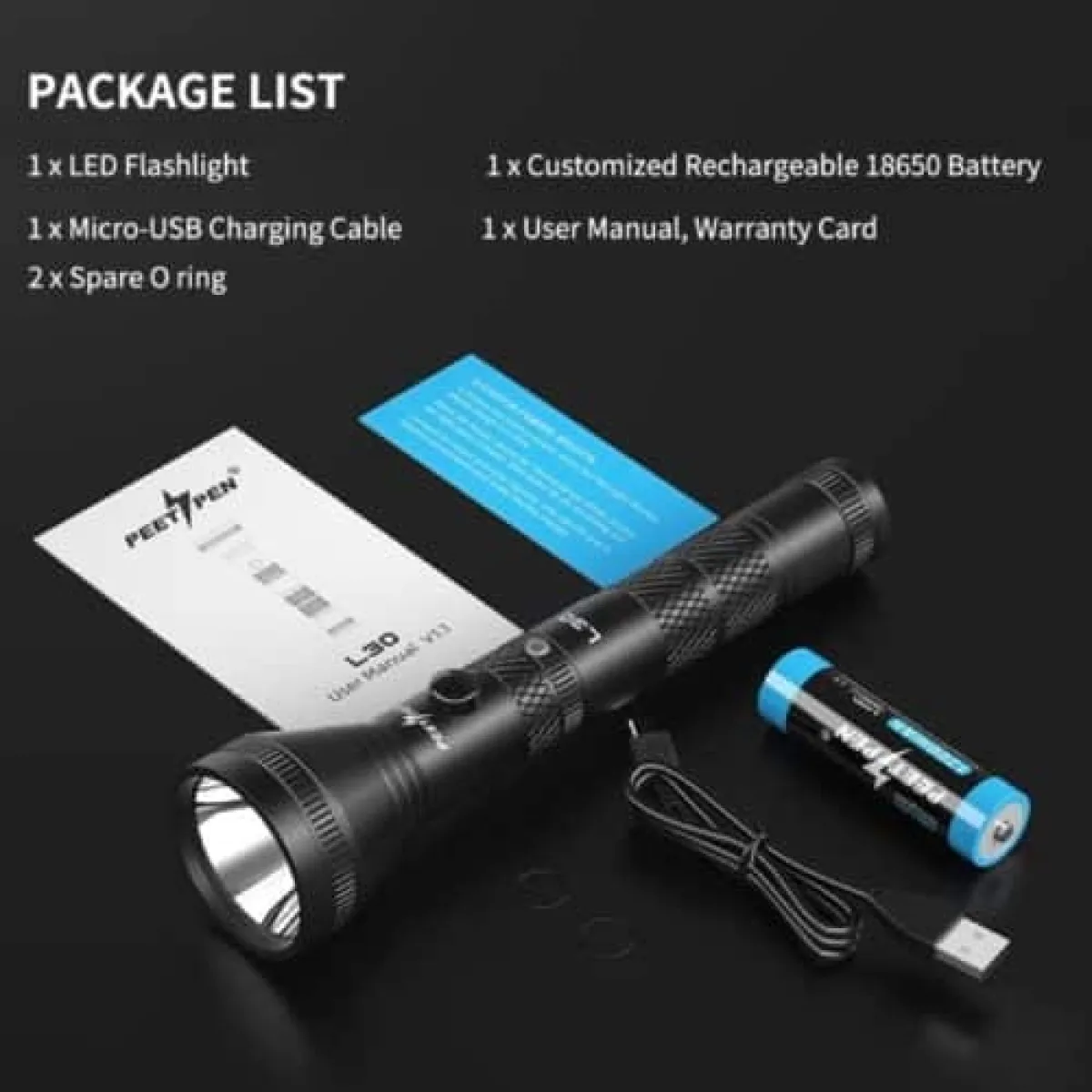 PEETPEN L30 LED Flashlight | 400m Beam, 1200 Lumens, USB Rechargeable, IPX6 Waterproof Aluminum | Outdoor, Emergency,