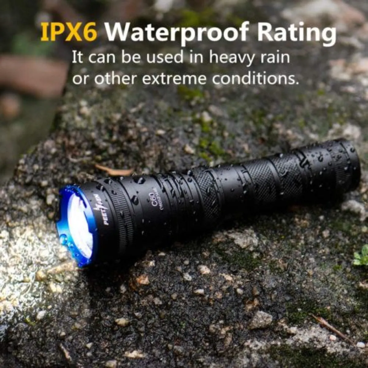 PEETPEN C60 LED flashlight with 1000 lumens illuminating a campsite for night adventures