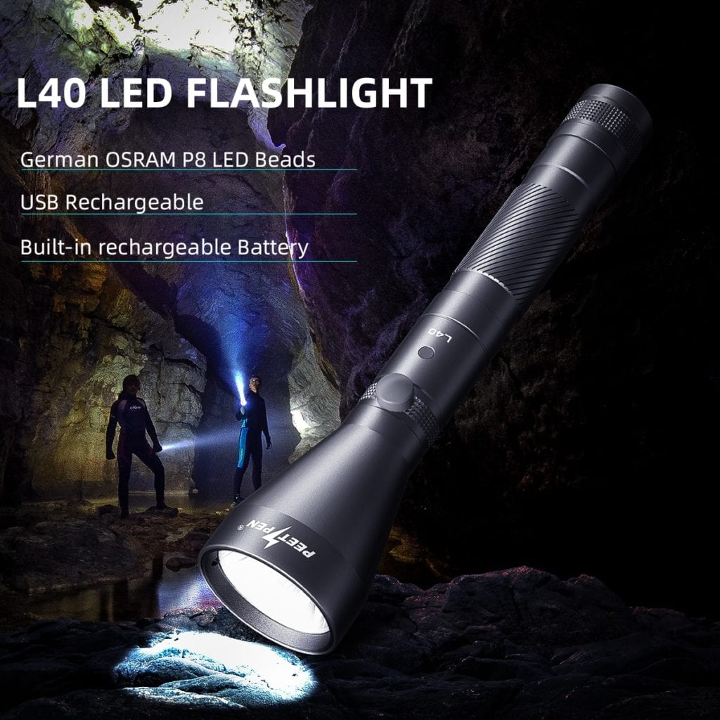 PEETPEN L40 Flashlight: 900lm, 300m Beam, USB Rechargeable, Aluminum, IPX67 Waterproof - Camping, Hiking, Emergency in