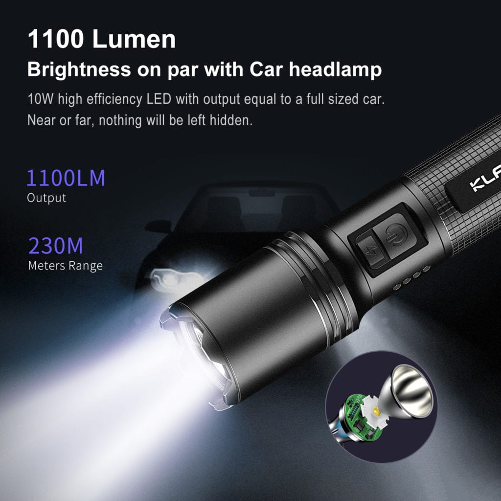 Klarus A1 Flashlight | 1100 Lumens, 230m Beam | USB-C Rechargeable, Camping, Emergency | Aluminum Alloy, IPX6