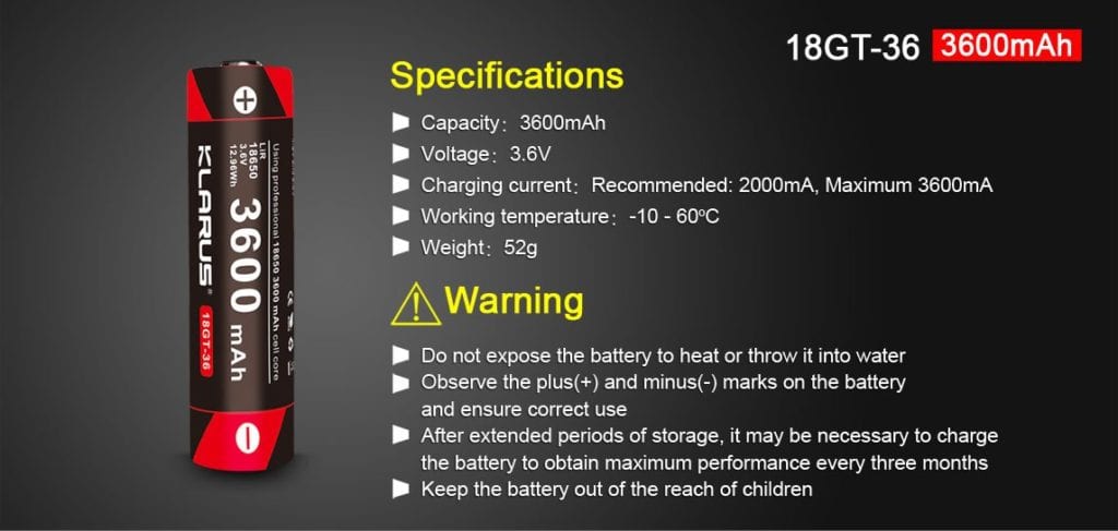 Klarus 18GT-36 3600mAh 18650 Battery | High-Power Li-ion for Flashlights, Devices | 6.96cm, Protected, 7A Max Discharge