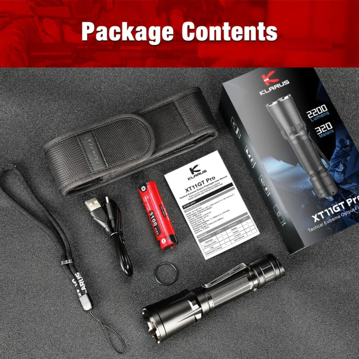Klarus XT11GT tactical flashlight with holster