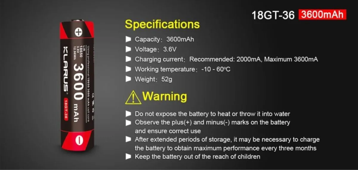 Klarus 18GT-36 18650 rechargeable battery