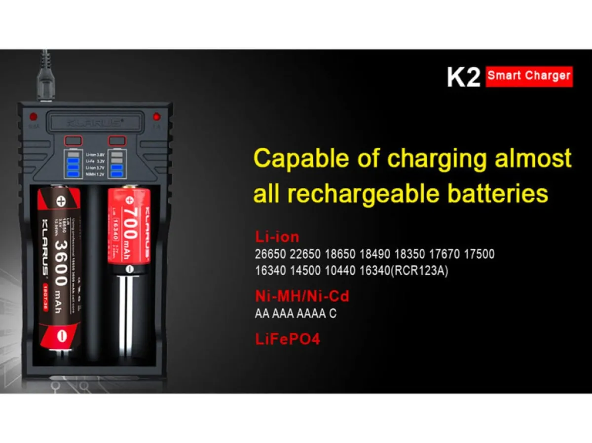 Klarus K2 2-Bay Smart Charger: Li-ion, NiMH, NiCd | 1A Fast Charge, Power Bank | Charges AA, AAA, 18650 and More | ABS