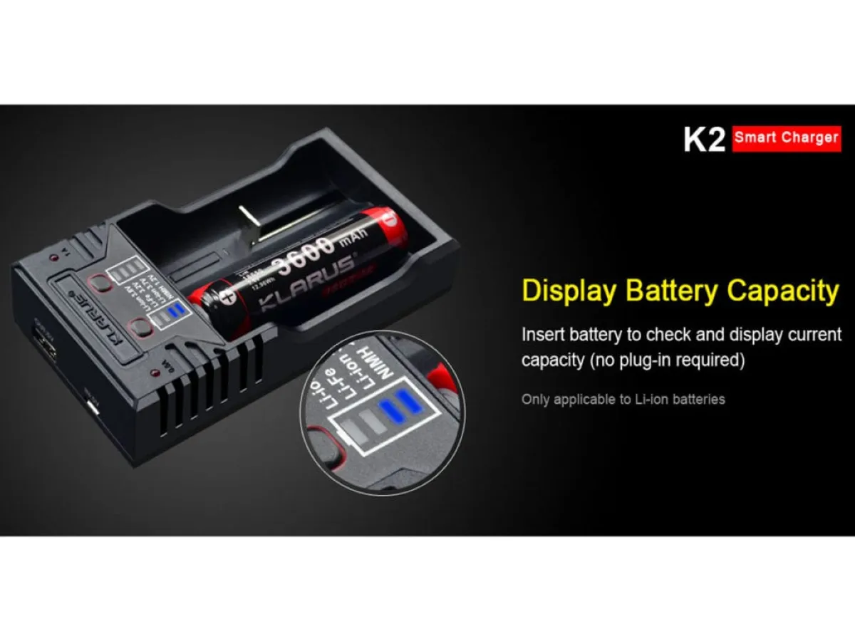 Klarus K2 2-Bay Smart Charger: Li-ion, NiMH, NiCd | 1A Fast Charge, Power Bank | Charges AA, AAA, 18650 and More | ABS