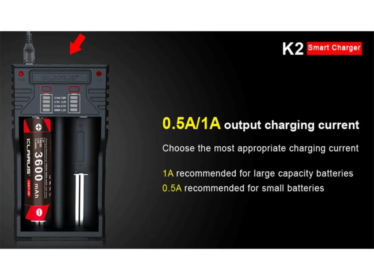 Klarus K2 2-Bay Smart Charger: Li-ion, NiMH, NiCd | 1A Fast Charge, Power Bank | Charges AA, AAA, 18650 and More | ABS