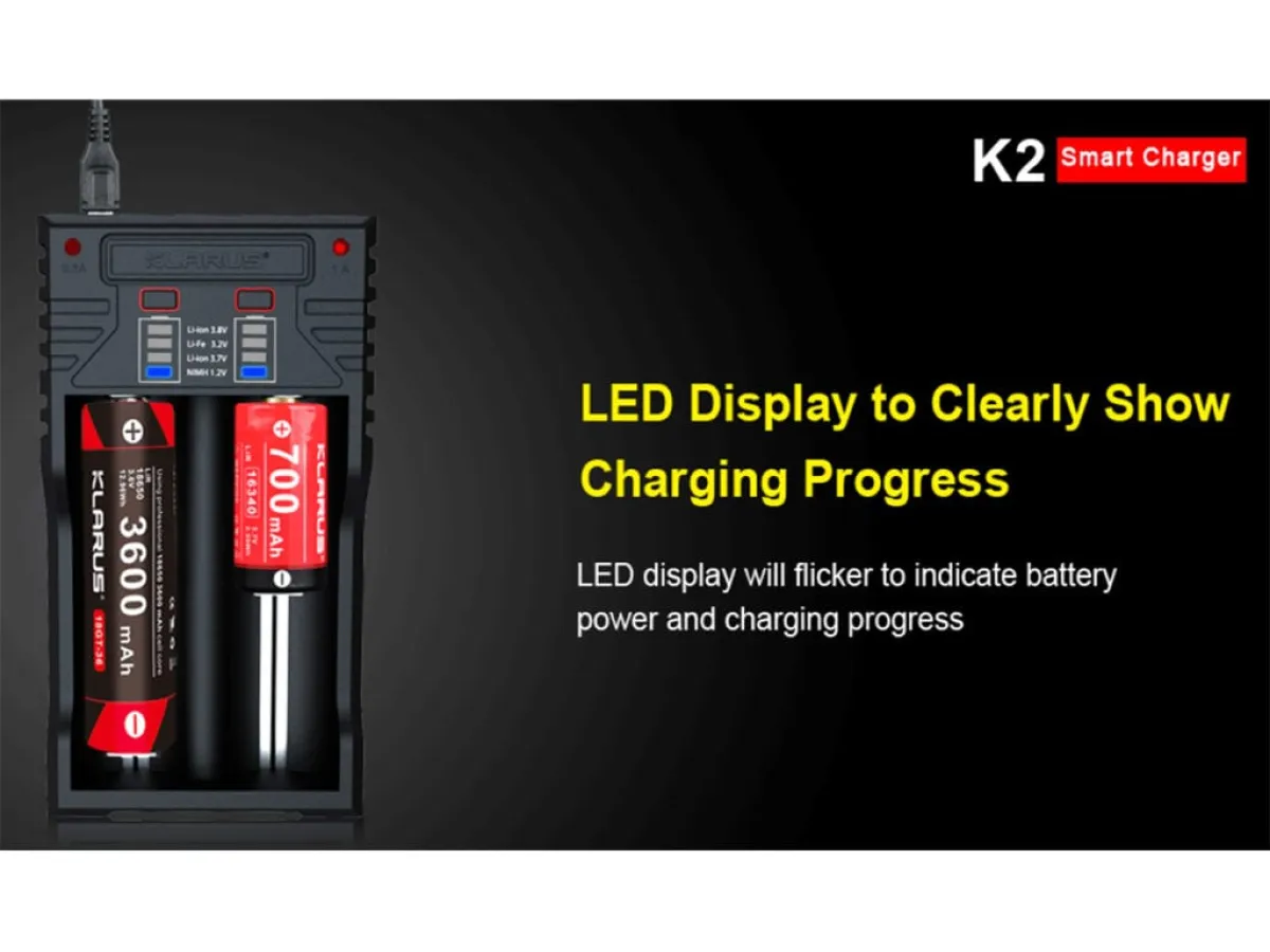 Klarus K2 2-Bay Smart Charger: Li-ion, NiMH, NiCd | 1A Fast Charge, Power Bank | Charges AA, AAA, 18650 and More | ABS
