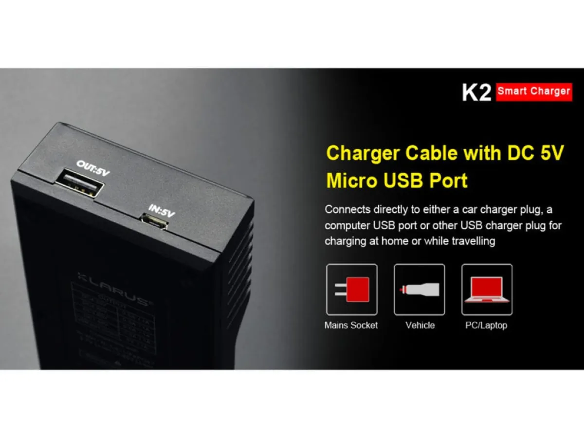 Klarus K2 2-Bay Smart Charger: Li-ion, NiMH, NiCd | 1A Fast Charge, Power Bank | Charges AA, AAA, 18650 and More | ABS