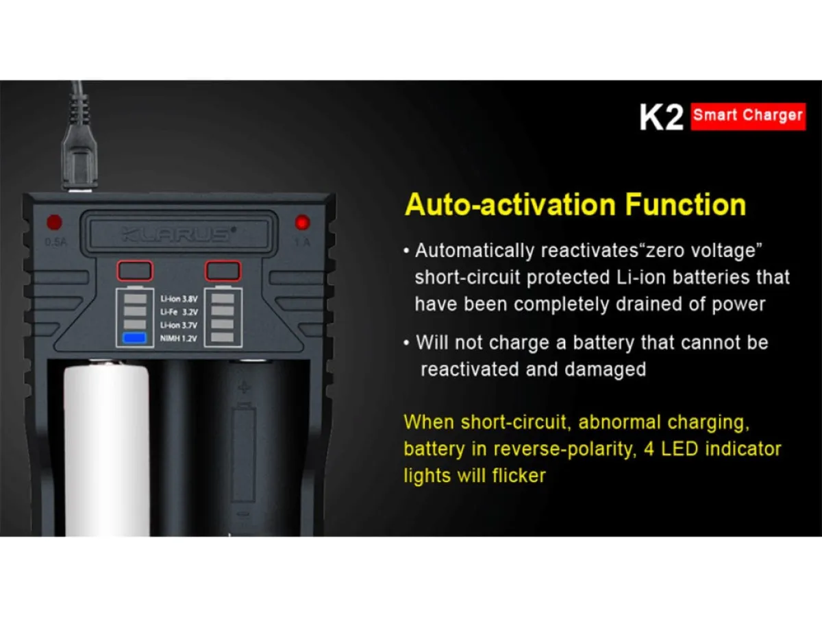 Klarus K2 2-Bay Smart Charger: Li-ion, NiMH, NiCd | 1A Fast Charge, Power Bank | Charges AA, AAA, 18650 and More | ABS