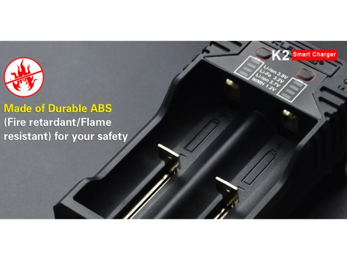 Klarus K2 2-Bay Smart Charger: Li-ion, NiMH, NiCd | 1A Fast Charge, Power Bank | Charges AA, AAA, 18650 and More | ABS