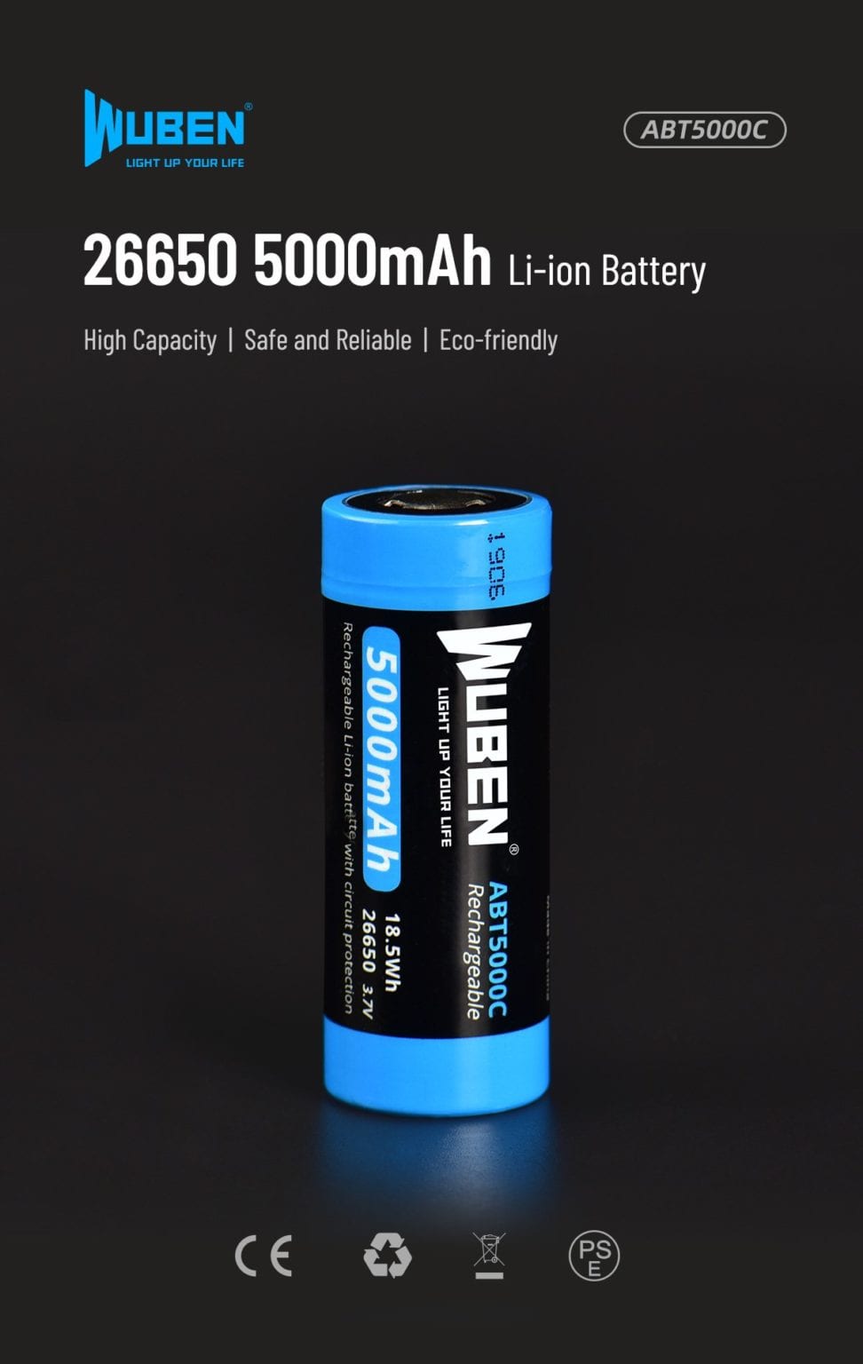 Wuben 26650 Li-ion Battery | 5000mAh, 3.7V, 20A | Flashlight & Torch Rechargeable Power | 500 Charge Cycles in Kenya