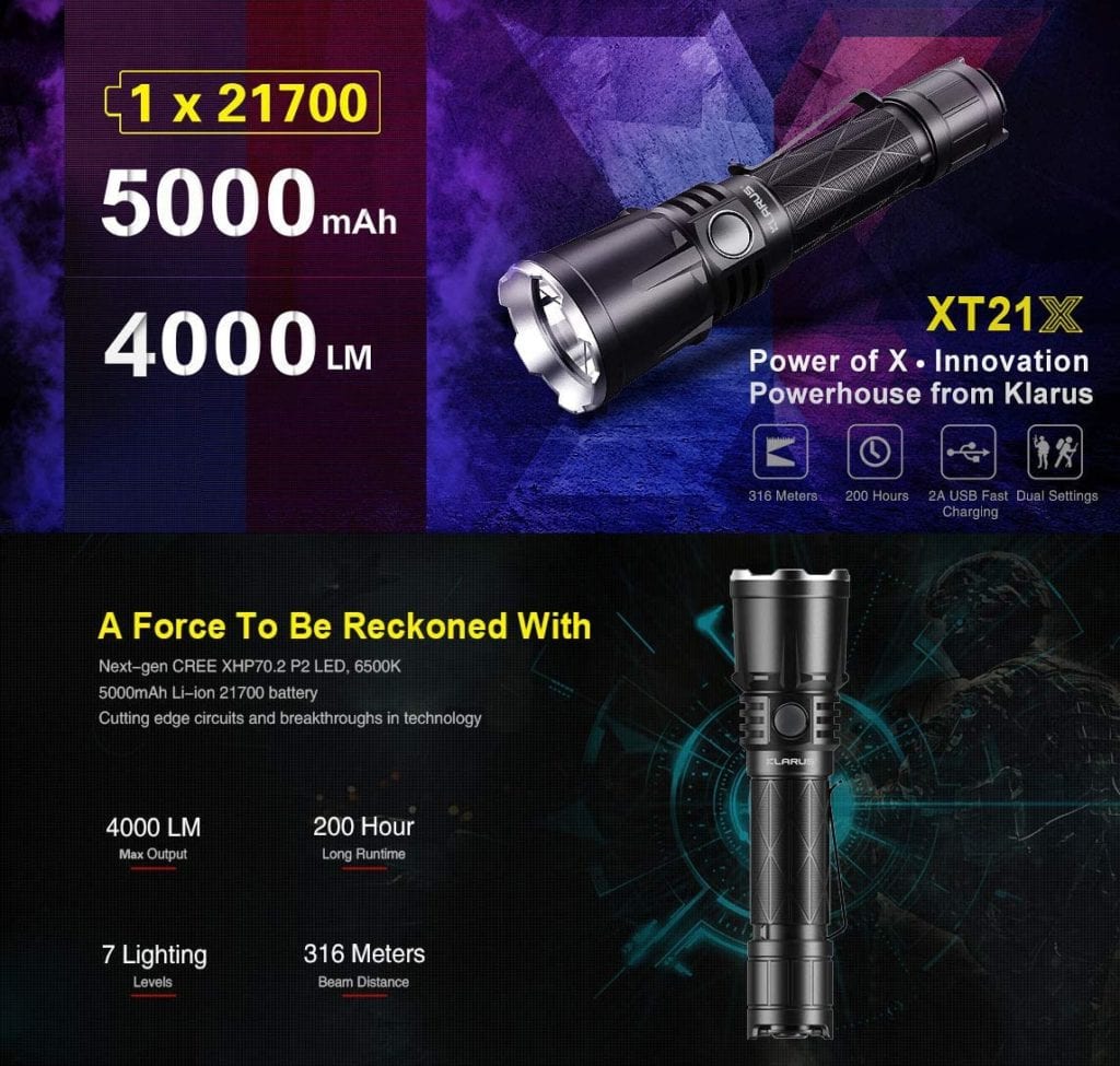 Klarus XT21X Flashlight | 4000 Lumens, 316m Beam | Rechargeable Torch for Search & Rescue, Outdoor, Emergency | CREE