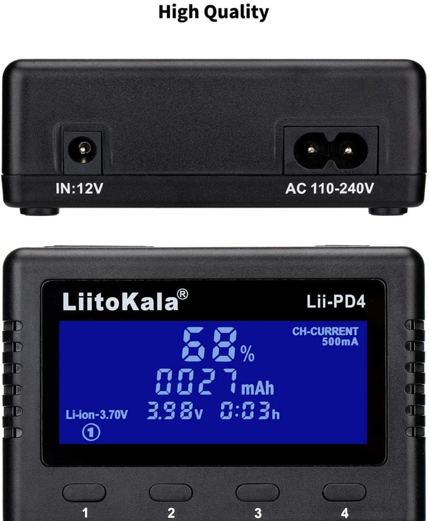 LiitoKala Lii-PD4: 4-Bay Smart Charger | LCD Display, Overcharge Protect | Charges 18650, AA, AAA, 26650, 21700 & More