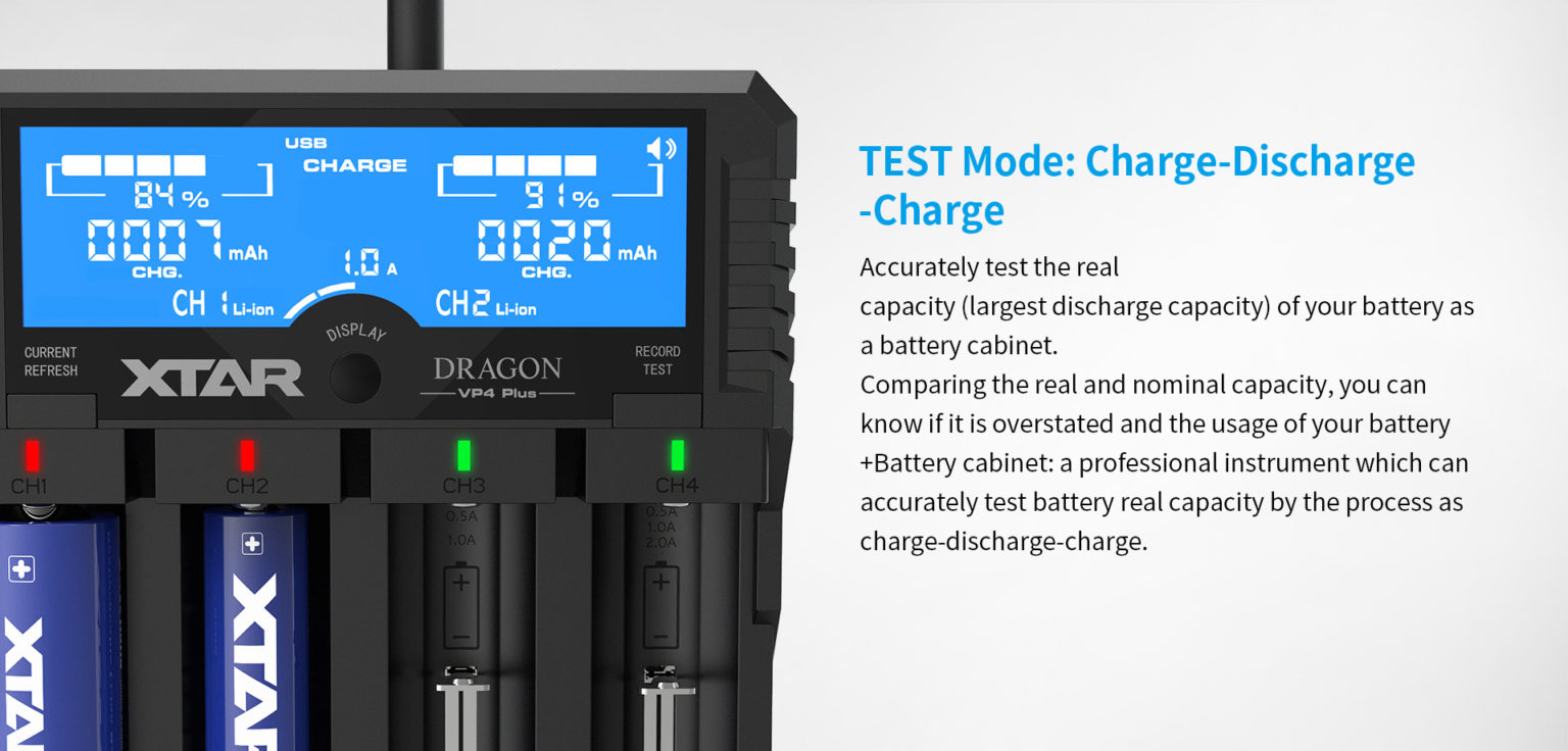 Xtar Dragon VP4 Plus Charger | 4-Bay Li-ion/NiMH Smart Charger, Power Bank, Voltage/Resistance Test, LCD Display in
