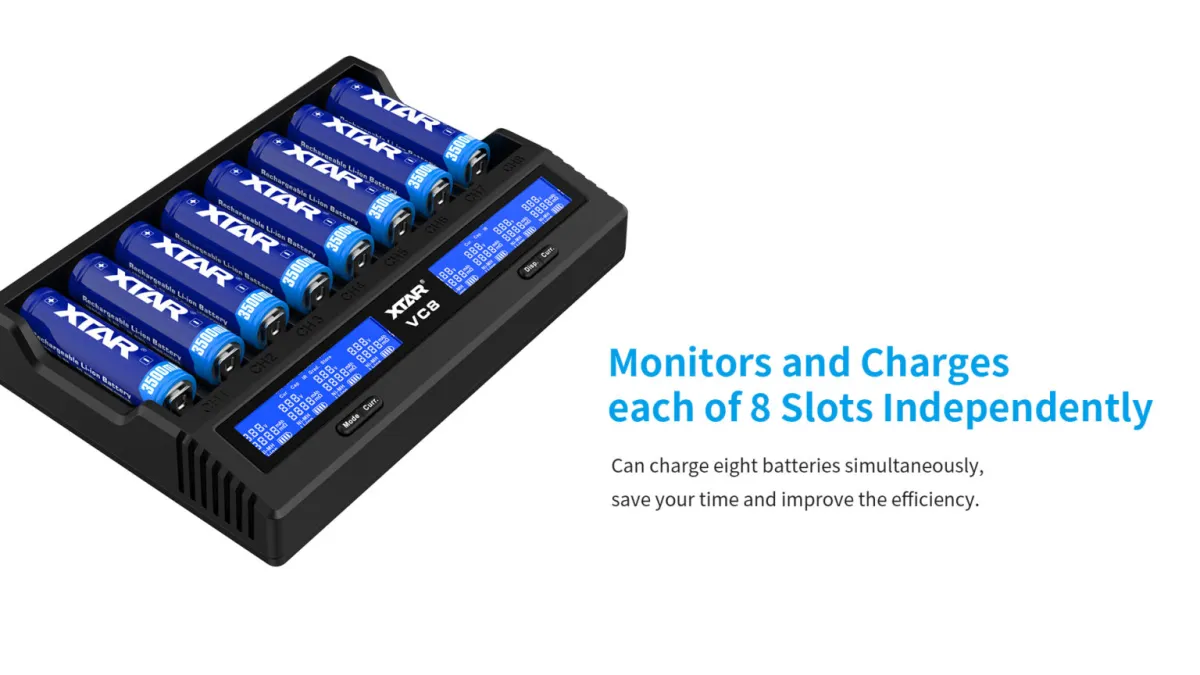 XTAR VC8 8-Channel Fast Charge Battery Charger, LCD Display