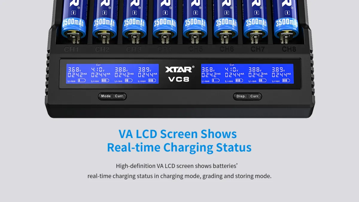 XTAR VC8 8-Channel Fast Charge Battery Charger, LCD Display