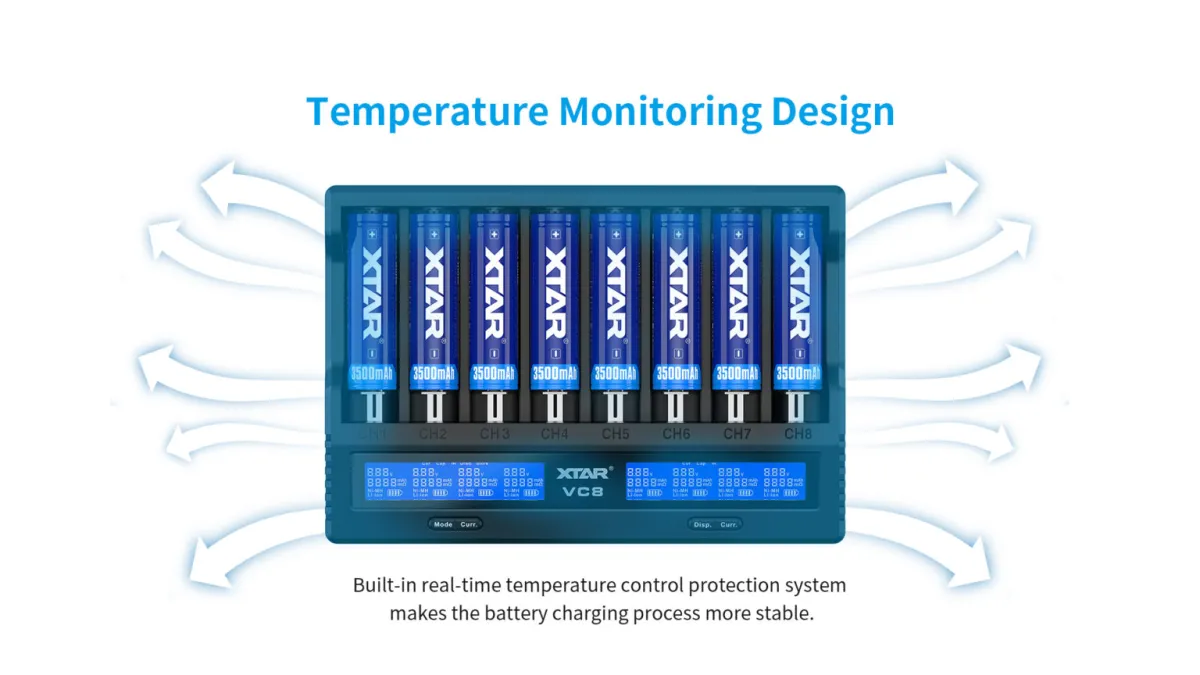 XTAR VC8 8-Channel Fast Charge Battery Charger, LCD Display