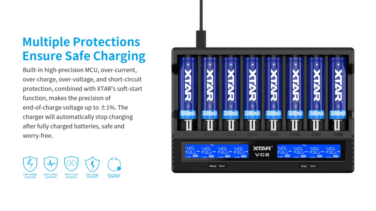 XTAR VC8 8-Channel Fast Charge Battery Charger, LCD Display