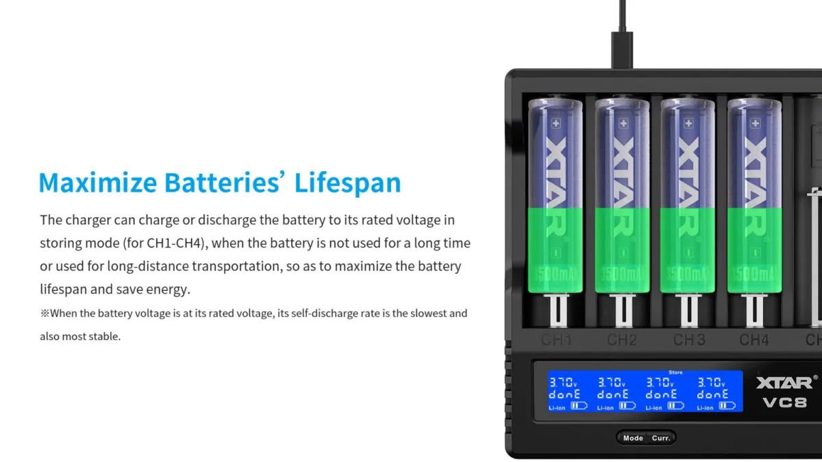 XTAR VC8 8-Channel Fast Charge Battery Charger, LCD Display