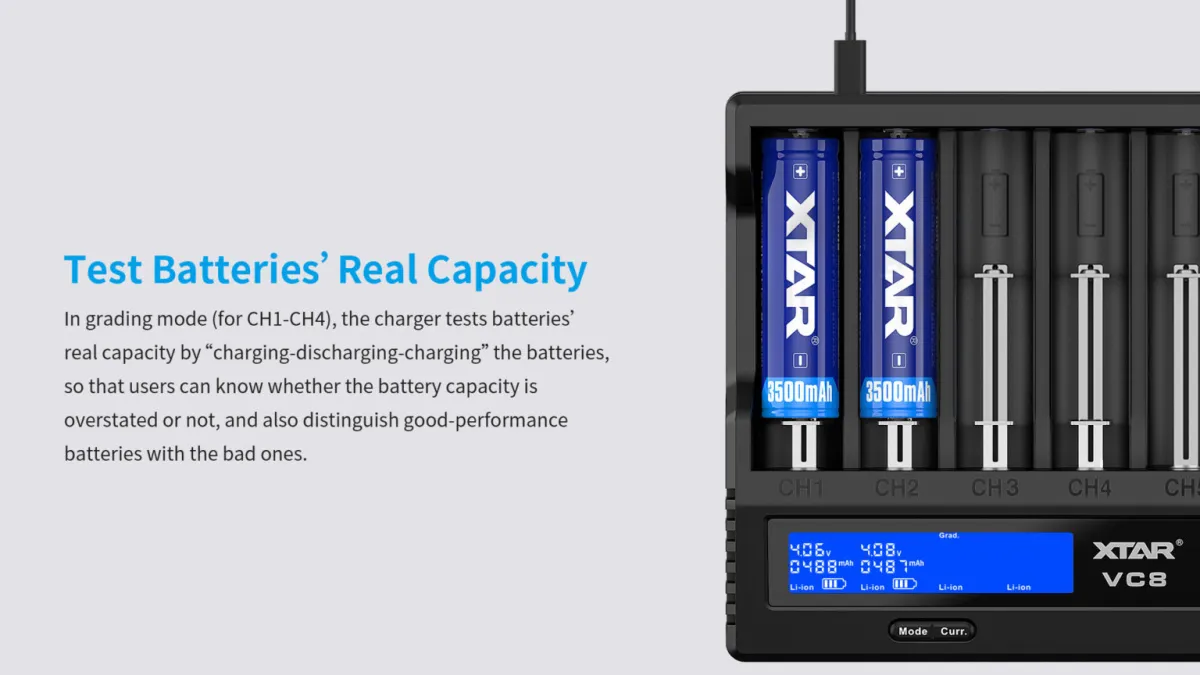 XTAR VC8 8-Channel Fast Charge Battery Charger, LCD Display