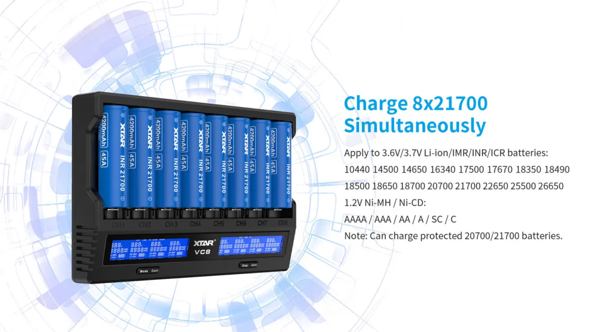 XTAR VC8 8-Channel Fast Charge Battery Charger, LCD Display