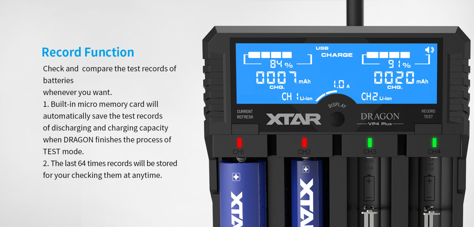 Xtar Dragon VP4 Plus Charger | 4-Bay Li-ion/NiMH Smart Charger, Power Bank, Voltage/Resistance Test, LCD Display in