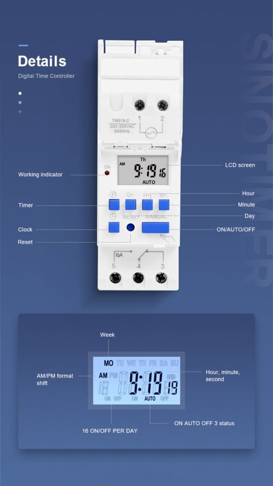 Sinometer TM919A Timer Switch | 16A, 3500W | Weekly Programmable for Streetlights, Automation, Lights | DIN Rail Mount