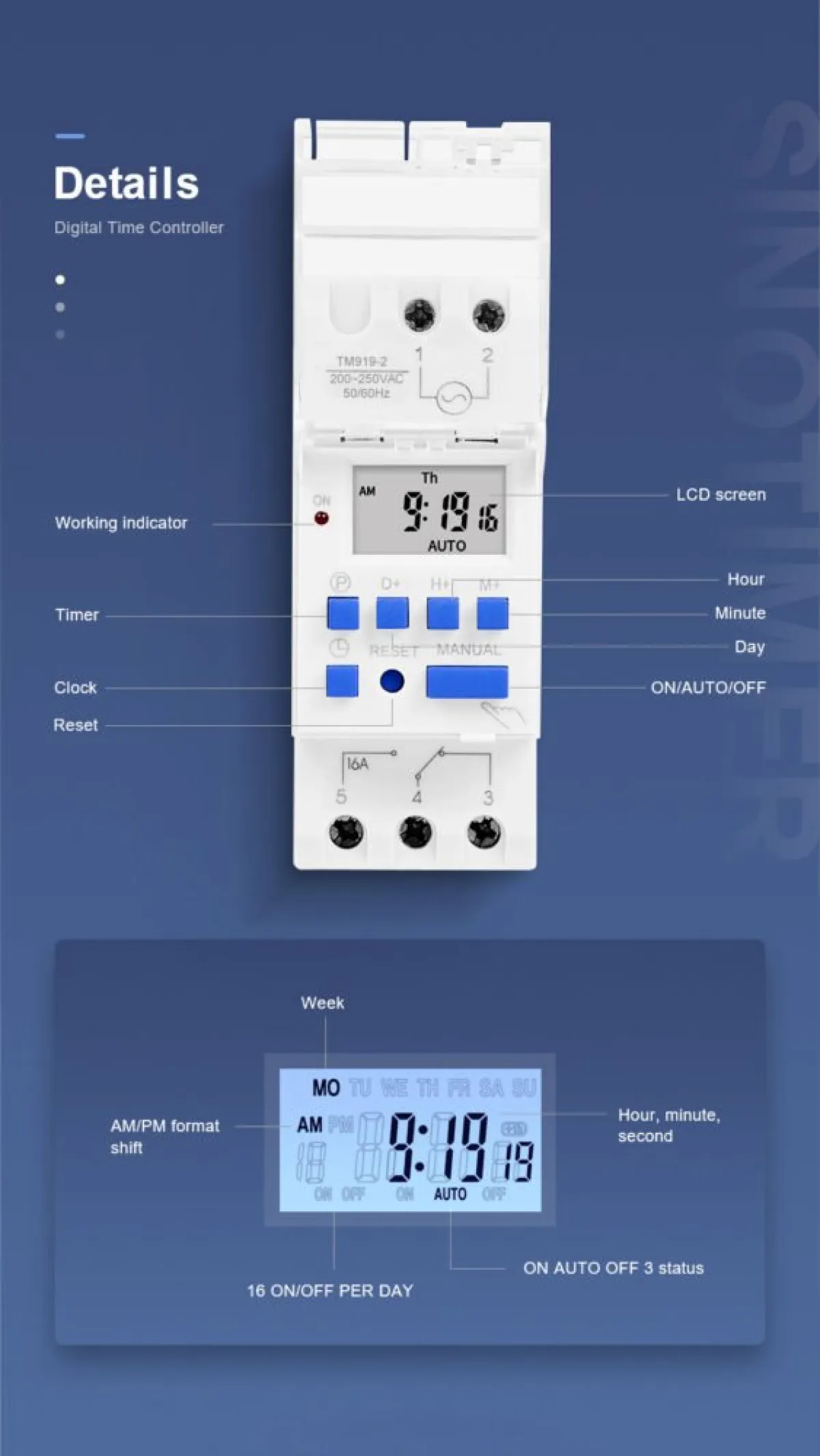 Sinometer TM919A Timer Switch, 16A DIN Rail with Countdown Mode