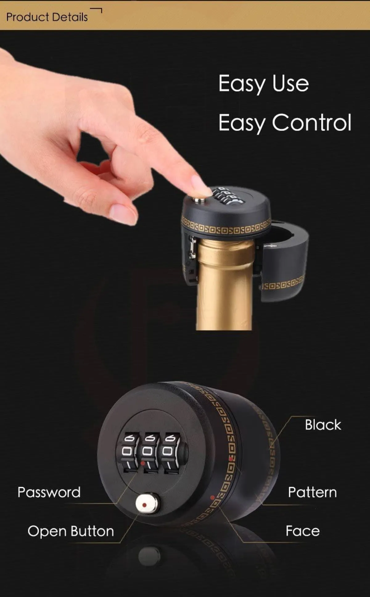 Wine Bottle Combination Lock, 3-Digit Resettable Code