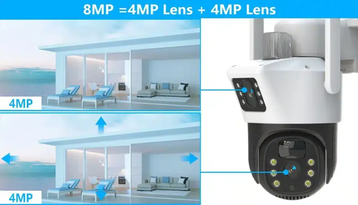 V380 Pro Dual WiFi Solar Camera, 4MP+4MP PTZ, AI Human Detection