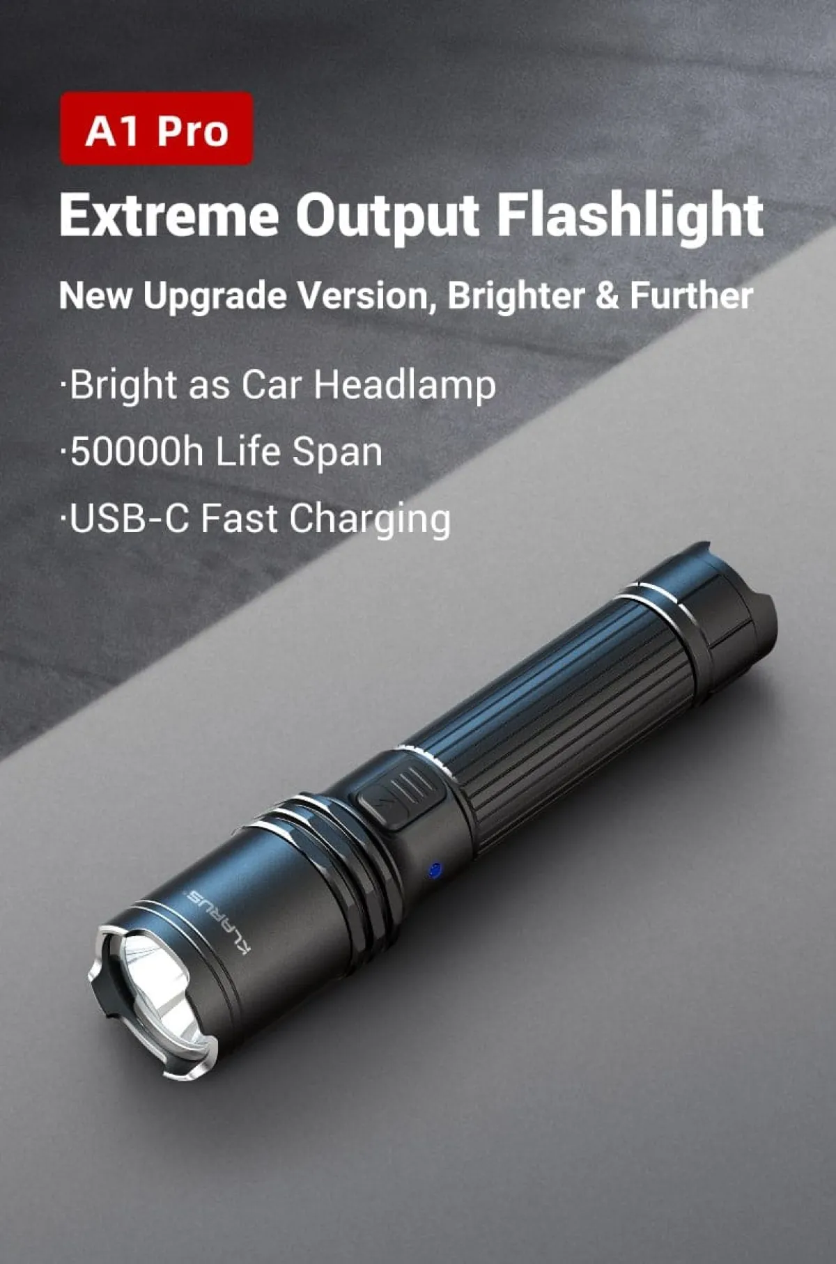 Klarus A1 PRO Torch | 1300 Lumens, 230m Beam | USB-C Rechargeable Tactical Flashlight for Outdoor and Emergency Use in