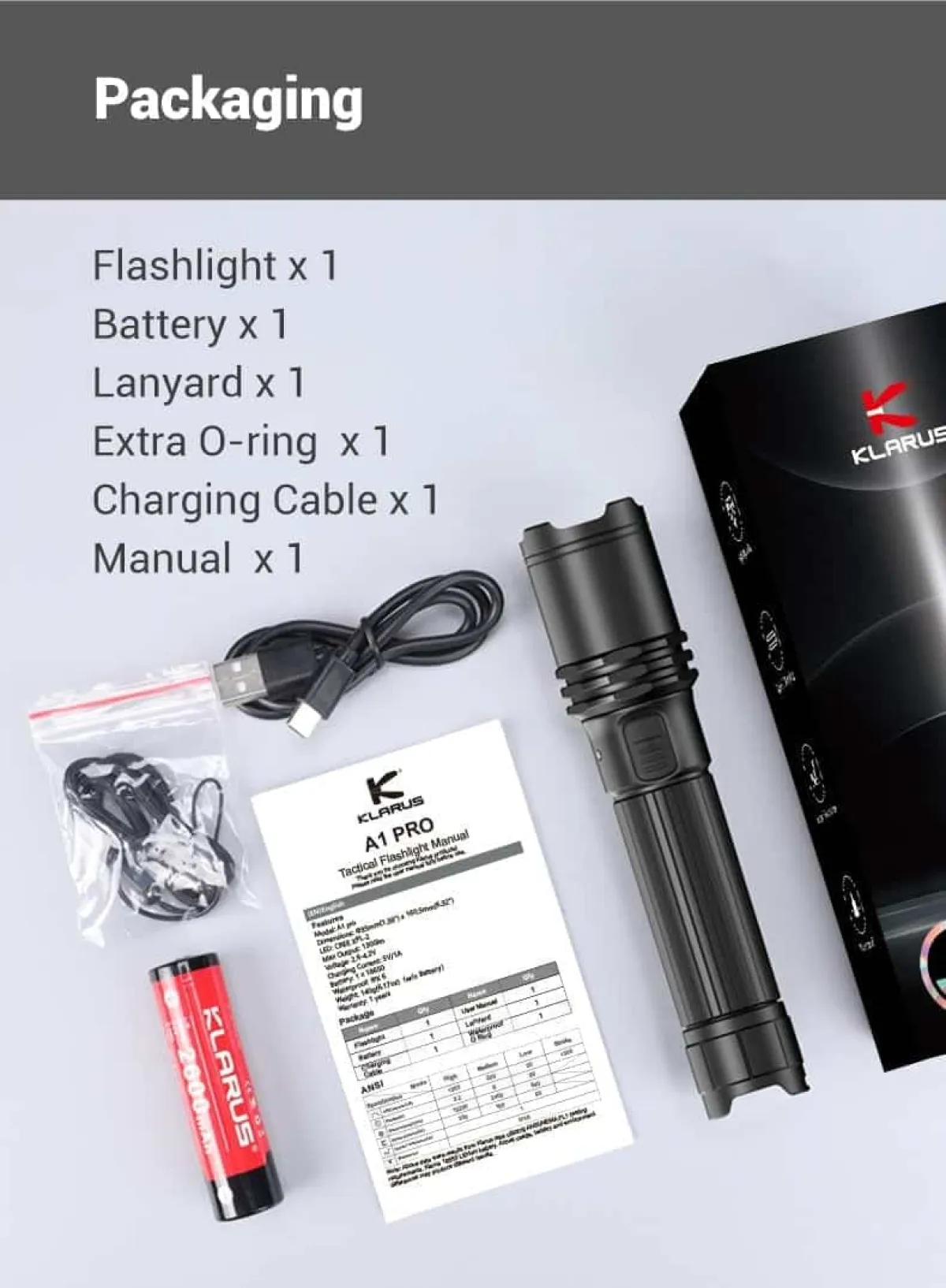 Klarus A1 PRO Torch | 1300 Lumens, 230m Beam | USB-C Rechargeable Tactical Flashlight for Outdoor and Emergency Use in