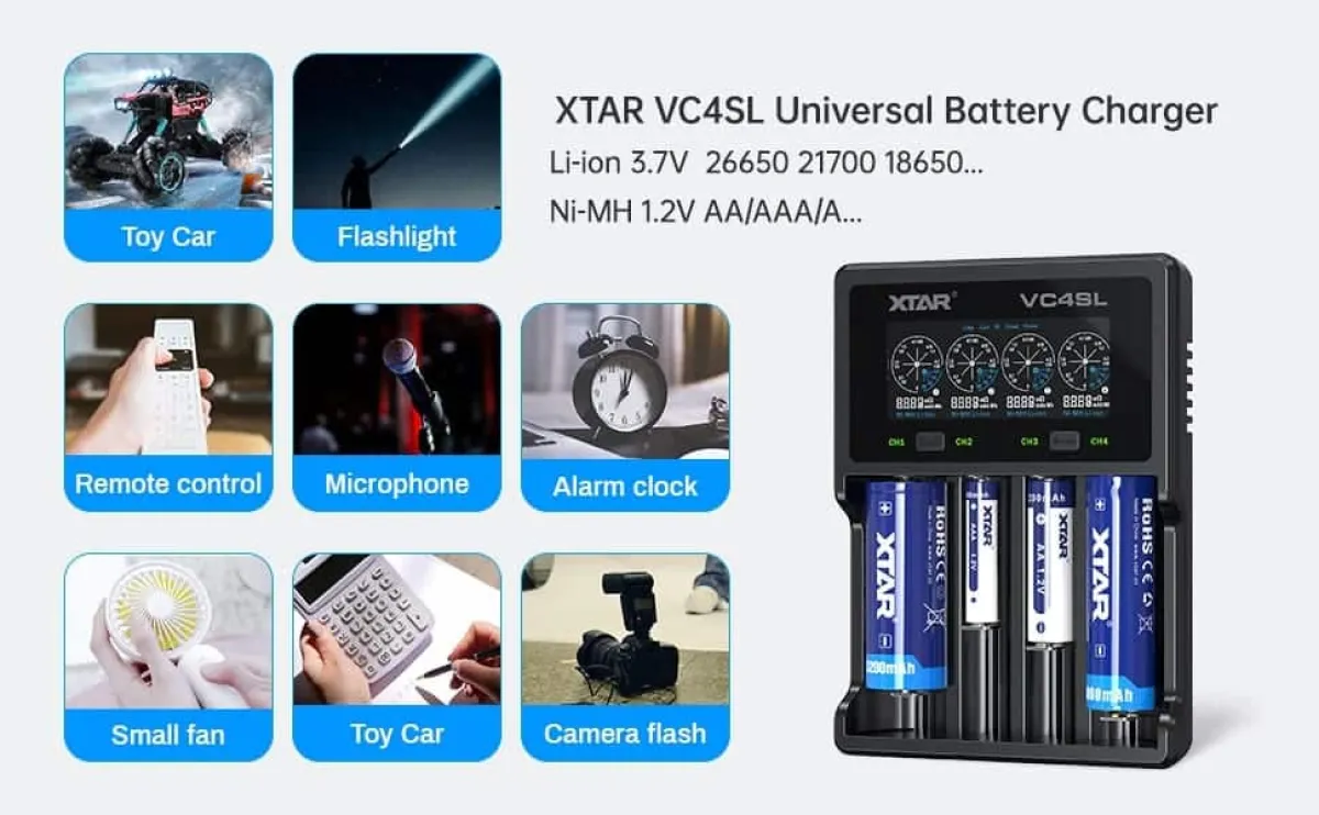 XTAR VC4SL Charger: 4-Bay USB-C Fast 3A Charger for 18650, 21700, AA, AAA & More | LCD, Capacity Test | Flashlights,