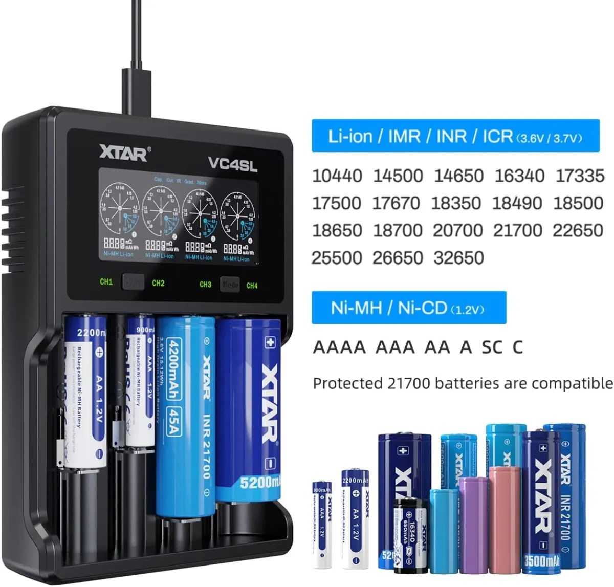 XTAR VC4SL Charger: 4-Bay USB-C Fast 3A Charger for 18650, 21700, AA, AAA & More | LCD, Capacity Test | Flashlights,