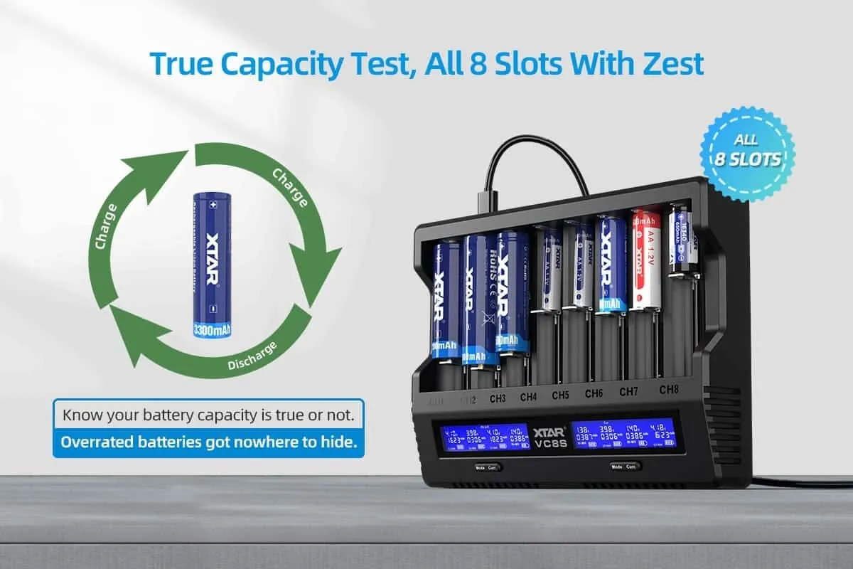 XTAR VC8S 8-Slot Charger, 3A USB-C Fast Charge, LCD Display
