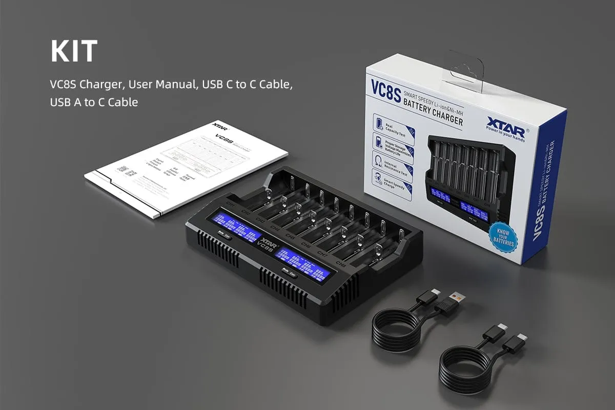 XTAR VC8S 8-Slot Charger | 3A USB C Fast Charge, LCD Display |18650, 21700 AA, AAA Ni-MH Li-ion Battery Charger for