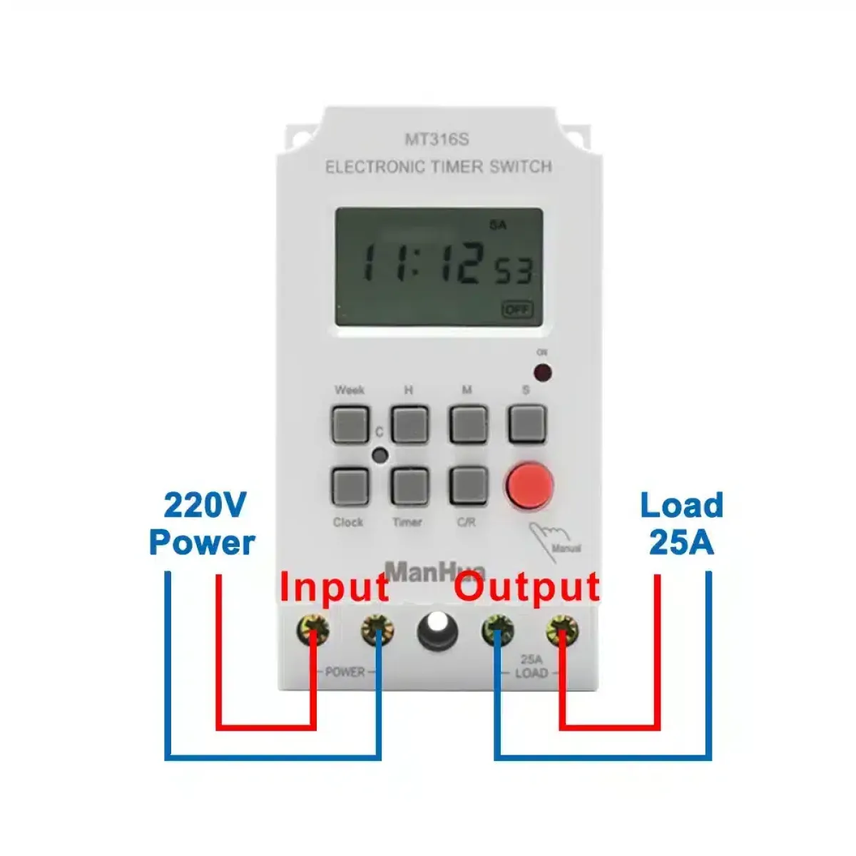 ManHua MT316S AC Timer Switch with seconds, 25A 220VAC DIN Rail