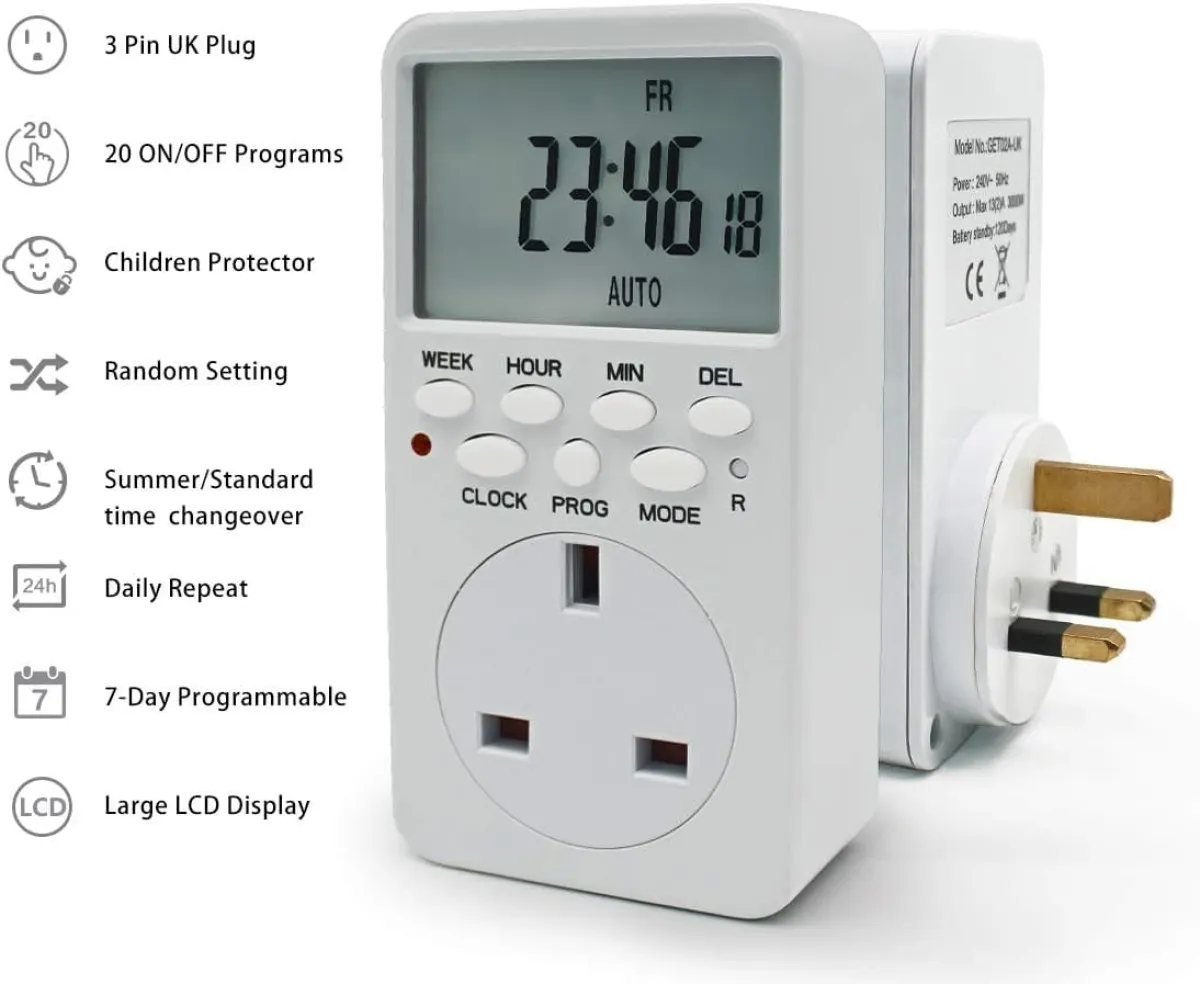 Manhua MET-UK 16A Timer Plug, Plug and Play, No Wiring Needed