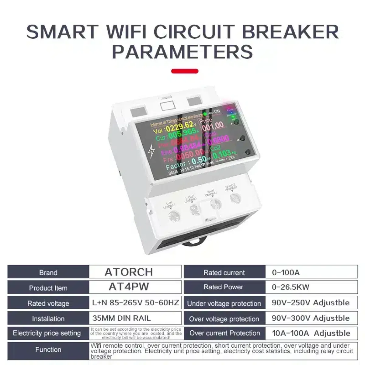 Atorch AT4PW WiFi Smart Energy Meter, 100A, Remote Switching