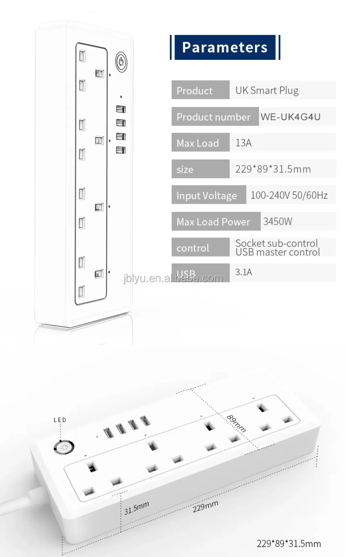 Tuya Smart Power Extension Strip, 4 AC and 4 USB Ports, WiFi